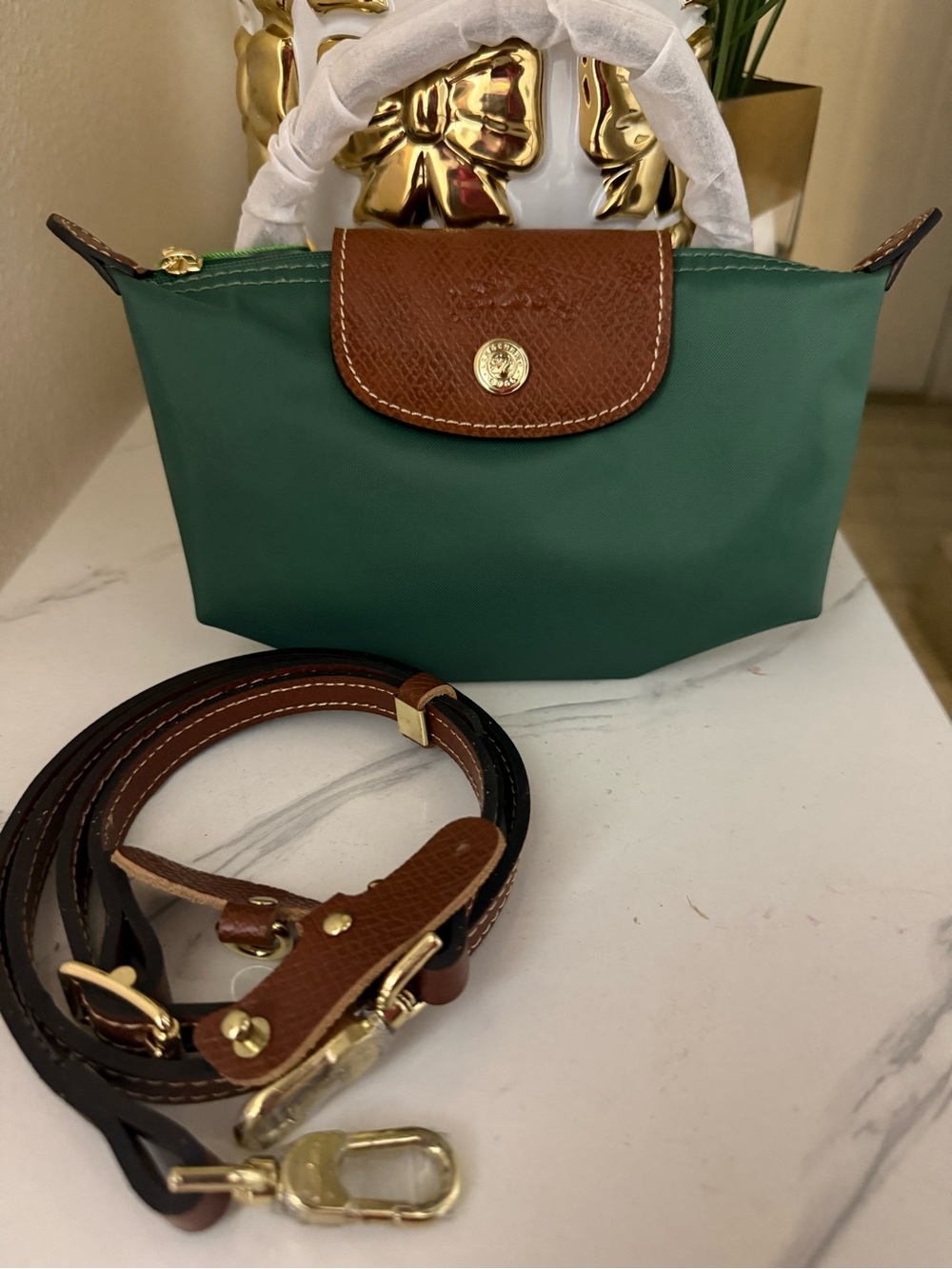 Longchamp Small Green Nylon Mini Bag with Brown Leather Trim
